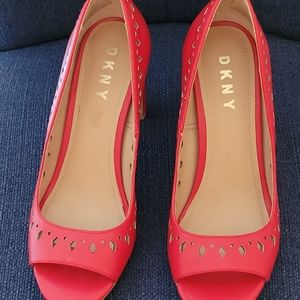 DKNY red, open toe pumps. 3-1/2 heels.